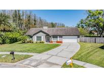Charming single-story home featuring a well-maintained lawn and a long driveway leading to an attached garage at 12215 Snead Pl, Tampa, FL 33624