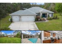 Charming single Gathering home featuring a long driveway, a three car garage, and a landscaped front yard at 16386 Heron Hills Dr, Spring Hill, FL 34610