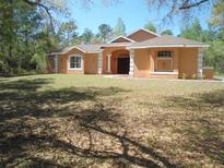 Single story home featuring a large well-maintained lawn and manicured landscaping at 19263 Quiet Oak Ln, Brooksville, FL 34604
