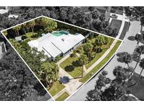 An aerial view of a beautiful home, tropical landscaping, and a sparkling swimming pool at 2606 S Hawthorne Cir, Tampa, FL 33629