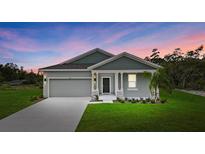 Charming single-story home with a well-manicured lawn, gray siding, and a two-car garage at 6514 Grapewood Rd, Spring Hill, FL 34609
