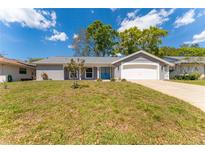 Charming one-story home featuring a blue double-door entry, brick facade, and a well-maintained lawn at 8705 Village Mill Row, Hudson, FL 34667