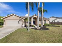 Charming single-story home featuring a well-maintained lawn, mature palm trees, and a two-car garage at 5412 Merkin Pl, New Port Richey, FL 34655