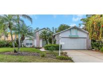 Charming single-Gathering home with a well-manicured lawn, mature trees, and an attached two-car garage at 1517 Morning Rose Pl, Trinity, FL 34655