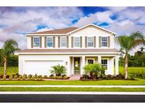 Beautiful two-story home featuring a front yard with palm trees and a two-car garage at 6770 Pebblebrooke Way, Zephyrhills, FL 33541