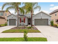 Beautiful two-story home with a three-car garage, well-manicured landscaping, and two palm trees at 1771 Whitewillow Dr, Wesley Chapel, FL 33543