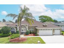 Beautiful one-story home with a three-car garage, manicured lawn, and a majestic palm tree in the front yard at 13942 Talmage Loop, Hudson, FL 34667
