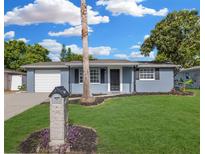 Charming single-story home with blue exterior, well-manicured lawn, and a lovely mailbox at 9141 Greenbriar Ln, Port Richey, FL 34668