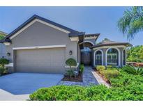 Charming home featuring a gray stucco exterior, attached two-car garage, and meticulously manicured front yard landscaping at 12800 Solola Way, Trinity, FL 34655