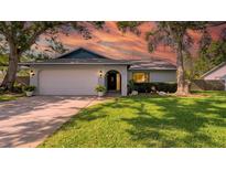 Charming single-story home with a well-manicured lawn, an attached two-car garage, and professional landscaping at 2116 Karan Way, Clearwater, FL 33763