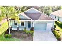Charming, light blue single-Gathering home with a two-car garage and lush landscaping at 11041 Paradise Point Way, New Port Richey, FL 34654