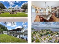 Collage of home showcasing the front exterior, kitchen, boat dock, and aerial view at 75 N Canal Dr, Palm Harbor, FL 34684