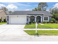 Charming single-story home featuring a well-manicured lawn and an attached two-car garage at 13524 Knotty Ln, Hudson, FL 34669