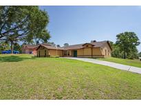 Charming home with lush lawn, long driveway, and inviting curb appeal under a clear blue sky at 7270 Nightwalker Rd, Weeki Wachee, FL 34613