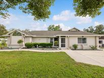 Charming single-story home with lush front lawn, manicured landscaping, and a welcoming walkway at 13052 Drysdale St, Spring Hill, FL 34609