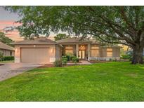Charming single-story home with a lush green lawn and mature trees providing shade at 9245 Grand Cypress Dr, Spring Hill, FL 34613