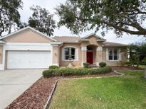 Charming single-story home featuring a well-manicured lawn, red front door, and attached two-car garage at 1121 Riveredge Dr, Tarpon Springs, FL 34689