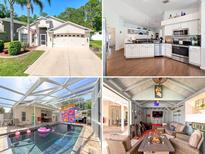 Multiple home views including the front exterior, kitchen, screened-in pool, and outdoor living space at 13850 Royston Bnd, Hudson, FL 34669