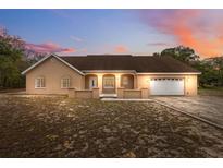 Charming single-story home featuring a symmetrical facade, attached garage, and inviting neutral color scheme at 14740 Loma Ave, Spring Hill, FL 34610