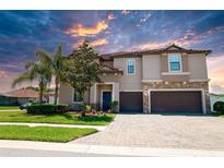 Beautiful two-story home with a stone-accented facade, tile roof, and manicured landscaping at 19082 Umberland Pl, Land O Lakes, FL 34638