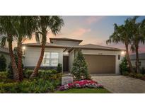 Beautiful single-Gathering home with lush landscaping, brick driveway, and two-car garage at 3511 Malta Ave, Wesley Chapel, FL 33543