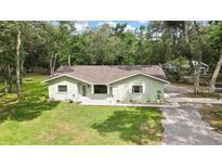 Charming single story home with a light green exterior, spacious front yard, and a backdrop of mature trees at 5113 Cedar Ln, Brooksville, FL 34601