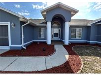 Charming blue home featuring a columned entrance, well-kept landscape, and a inviting pathway at 5294 Elkin Ave, Spring Hill, FL 34606