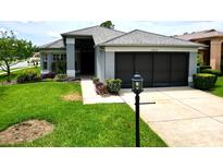 Charming single-story home featuring a well-manicured lawn and a two-car garage, creating a welcoming curb appeal at 18109 Webster Grove Dr, Hudson, FL 34667