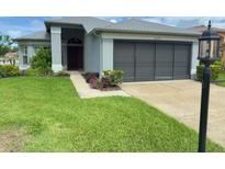 Charming single-story home with a manicured lawn, two-car garage, and inviting entryway at 18109 Webster Grove Dr, Hudson, FL 34667