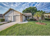 Charming single-story home featuring a manicured lawn, attached two-car garage, and a welcoming exterior at 6425 Thicket Trl, New Port Richey, FL 34653
