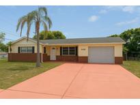 Charming single-story home featuring a vibrant red driveway and a well-maintained lawn at 6450 Limerick Ave, New Port Richey, FL 34653