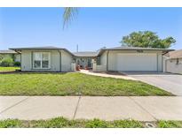 Charming single-story home features a well-maintained lawn and attached two-car garage at 8749 Aruba Ln, Port Richey, FL 34668