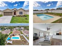 Collage showcasing the home's exterior, including the front facade, backyard pool, and landscaped yard at 15205 Durango Cir, Brooksville, FL 34604