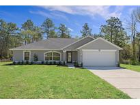 Well-maintained lawn and landscaping highlight this single-story home with a gray exterior and attached two-car garage at 15291 Green Jay Rd, Weeki Wachee, FL 34614