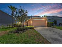 Charming single-Gathering home features a well-manicured lawn and a two-car garage against a colorful sunset sky at 10344 Tecoma Dr, Trinity, FL 34655