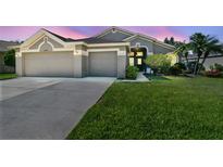 Charming single-story home with a well-manicured lawn, beautiful landscaping, and a three-car garage at 22431 Willow Lakes Dr, Lutz, FL 33549
