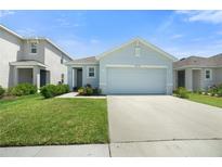 Charming single-Gathering home featuring a well-manicured lawn and a two-car garage in a suburban neighborhood at 33592 Barberry Leaf Way, Wesley Chapel, FL 33543