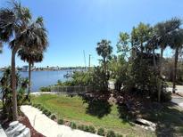Water view overlooking the lawn with palms and a peek at the docks and boats on a sunny day at 4823 Ebbtide Ln # 105, Port Richey, FL 34668