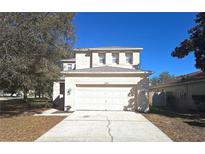 Two-story home with a two-car garage and a well-manicured lawn with trees at 19551 Timberbluff Dr, Land O Lakes, FL 34638