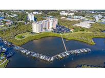 Stunning aerial view of waterfront condo community with boat docks and lush landscaping in a desirable location at 4516 Seagull Dr # 512, New Port Richey, FL 34652