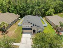 Overhead view shows a home with fenced backyard and well-kept landscaping in a tree-lined community at 12055 Colony Lakes Blvd, New Port Richey, FL 34654