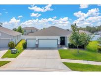 Charming single-story home featuring a two-car garage, lush landscaping, and a welcoming entrance at 13454 Golden Lime Ave, Spring Hill, FL 34609