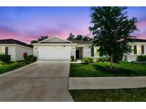 Charming single-Gathering home features a manicured lawn, mature tree, and neutral paint scheme, creating an inviting curb appeal at 3886 Reflection Dock Dr, Seffner, FL 33584