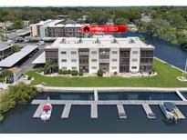 Waterfront condo building features boat docks, lush landscaping, and serene water views for tranquil living at 5627 Ferguson Ct # 1303, New Port Richey, FL 34652