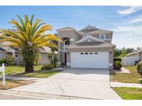Two-story home with a white garage door, a palm tree, and well-maintained lawn at 8526 Hawbuck St, Trinity, FL 34655