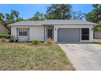Charming single-story home featuring a well-maintained lawn, inviting facade, and a gray two-car garage at 13307 Woodward Dr, Hudson, FL 34667
