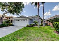 Charming single-story home featuring a well-manicured lawn and a two-car garage at 14466 Tamarind Loop, Spring Hill, FL 34609