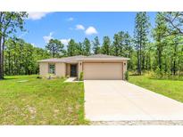 Charming single-Gathering home with a well-manicured lawn, two-car garage, and mature trees in the background at 15414 Green Jay Rd, Weeki Wachee, FL 34614