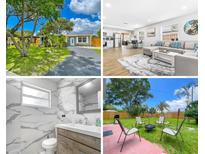 A home collage showing exterior, kitchen, living room, bathroom, and backyard views at 4057 67Th N Ave, Pinellas Park, FL 33781