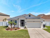 Charming single-story home with a well-manicured lawn, a two-car garage, and stylish architectural details at 7523 Tangle Brook Blvd, Gibsonton, FL 33534